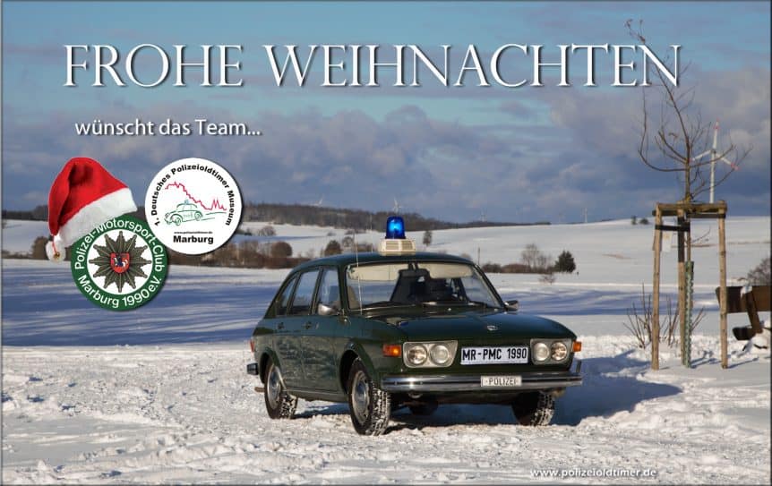 Frohe und besinnliche Weihnachten wünscht das Team Polizeioldtimer, hier mit dem VW 412 im Schnee