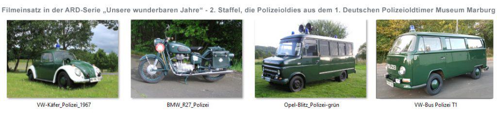 Diese historischen Polizeioldies aus Marburg kamen beim Dreh zur 2. Staffel der ARD-Serie "Unsere wunderbaren Jahre" zum Einsatz, v.l. der VW Käfer, BMW R27, Opel Blitz und VW T2
