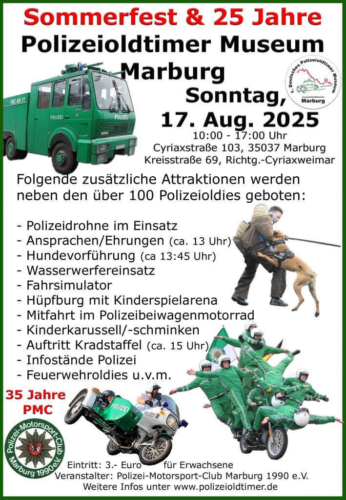 Das Veranstaltungsplakat zum Sommerfest im Polizeioldtimer Museum Marburg am 17. Aug. 2025 mit Doppeljubiläum