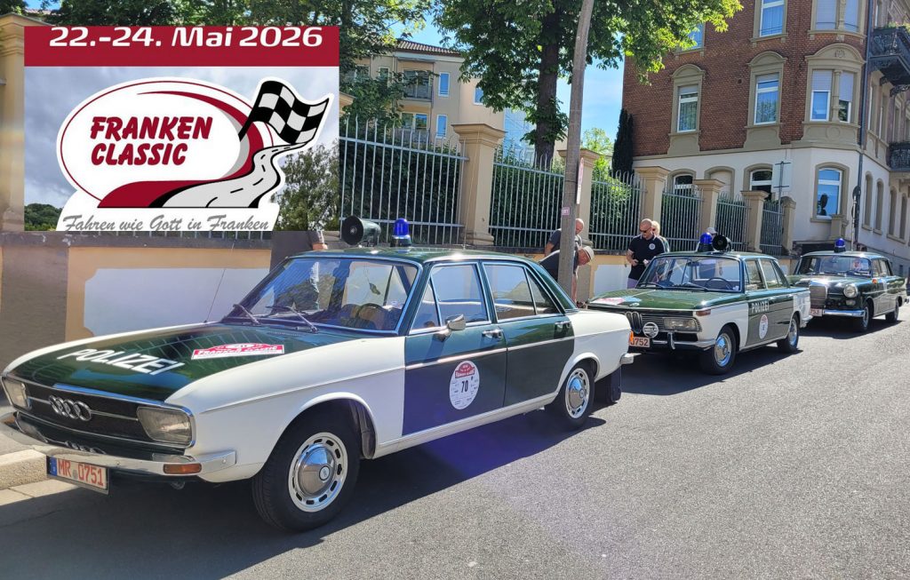 Die teilnehmenden Polizeioldtimer anlässlich der Franken Classic 2026, v.l. der Audi 100, BMW 2000 und Mercedes Benz 190